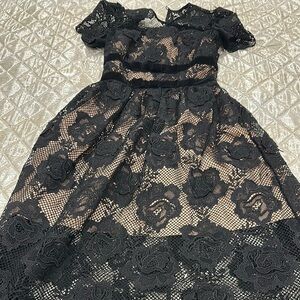 Self Portrait Black Lace Velvet Bow Midi Dress
